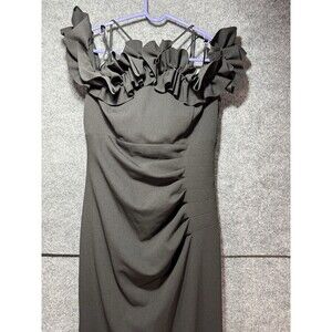 Xscape Scuba‑Crepe Off‑The‑Shoulder Ruffle Formal Gown – Black – Size 8